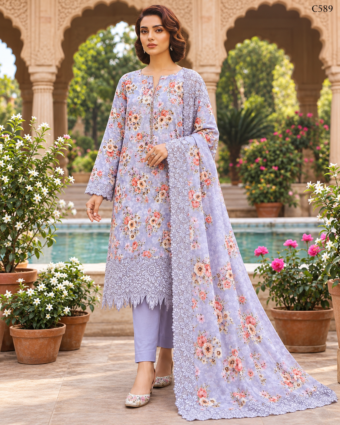 Premium Women's Lavender Floral Printed Three Piece Set with Elegant Lace Detailing – C589
