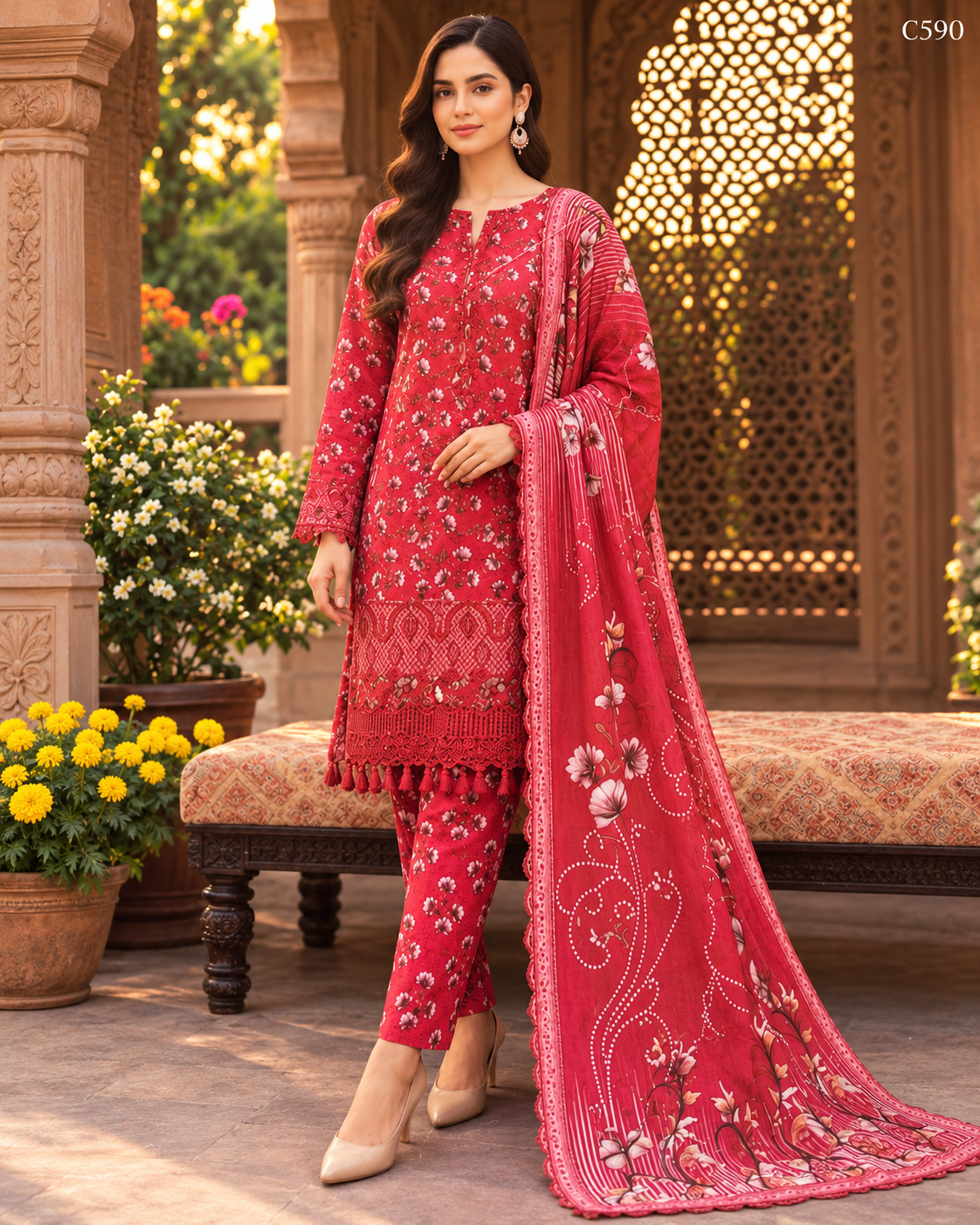 Premium Women's Ruby Red Floral Printed Three Piece Set – C590