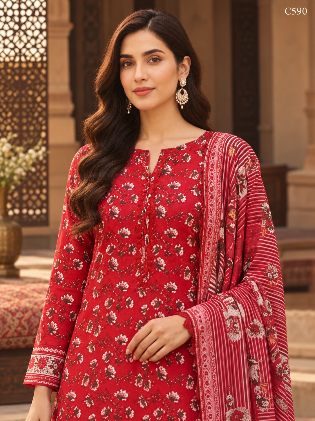 Premium Women's Ruby Red Floral Printed Three Piece Set – C590