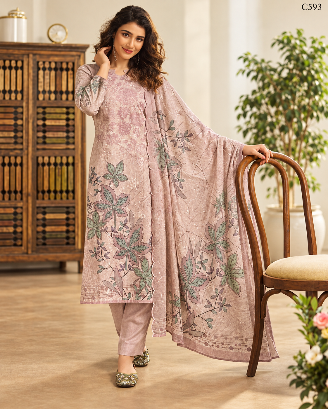 Premium Women's Pastel Botanical Printed Three Piece Set – C593