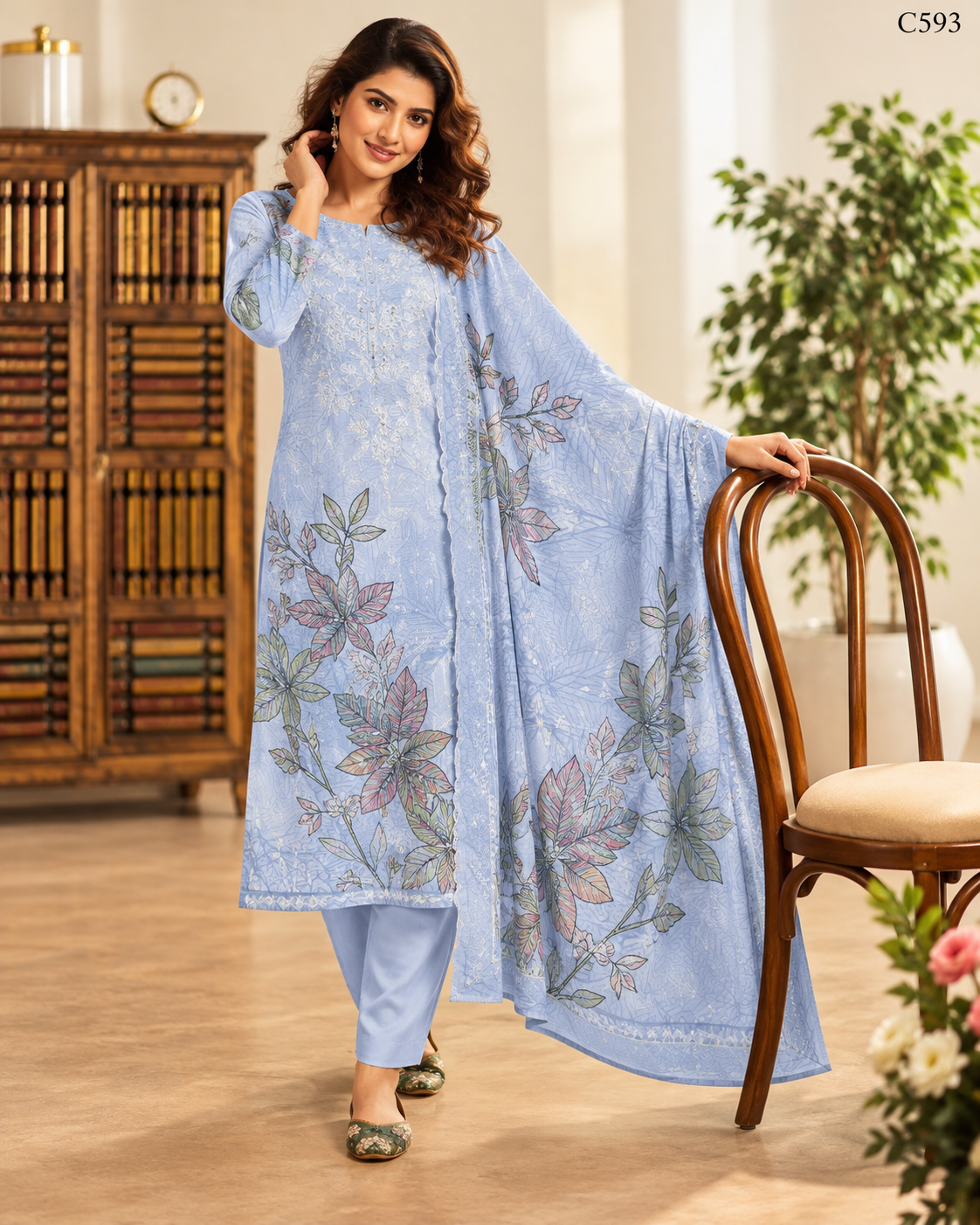 Premium Women's Pastel Botanical Printed Three Piece Set – C593