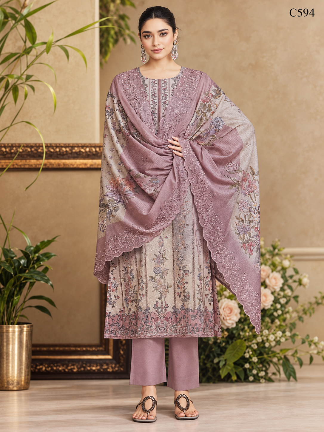 Premium Dusty Mauve Floral Printed Three Piece Set with– C594