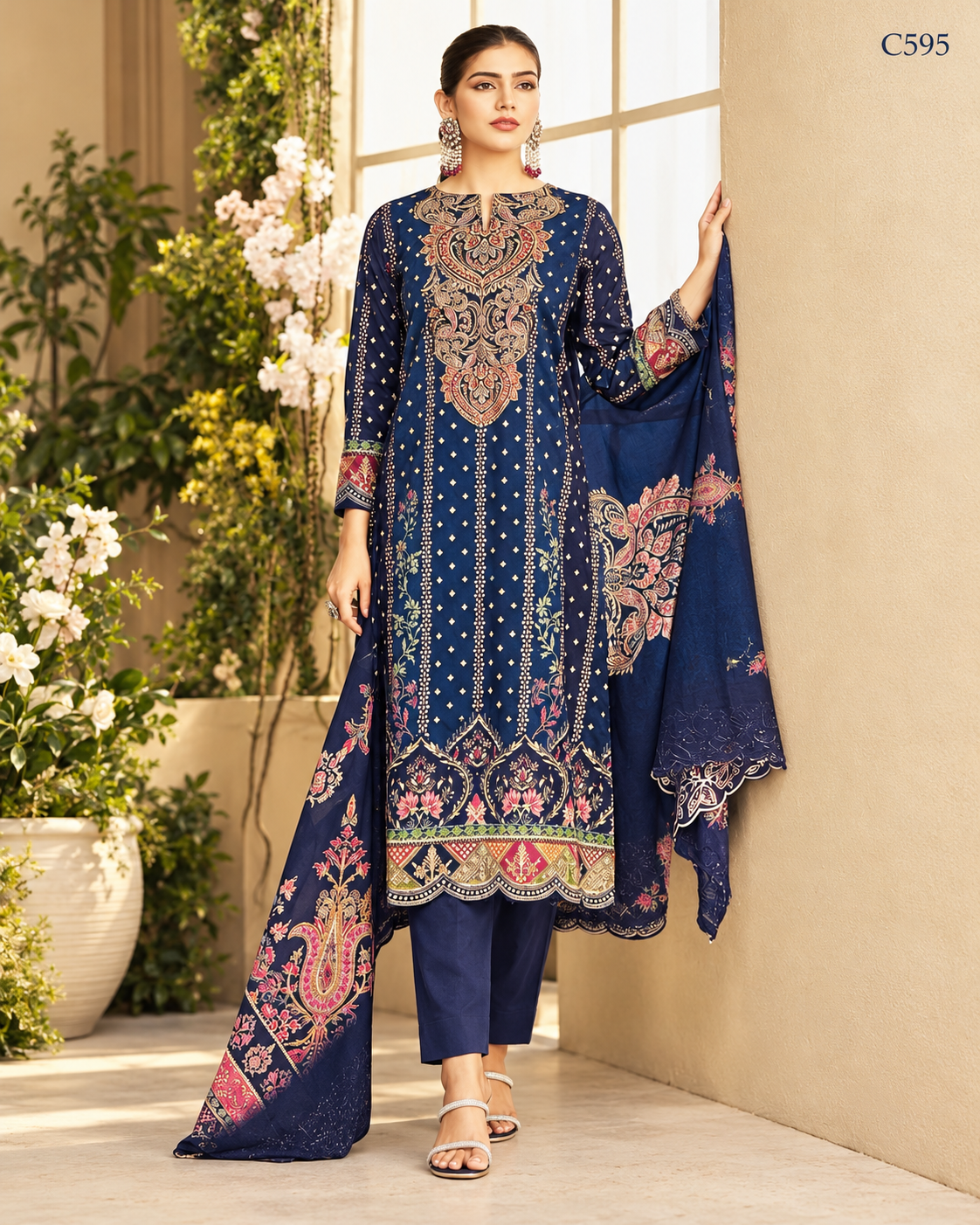 Premium Navy Blue Ornamental Printed Three Piece Set – C595