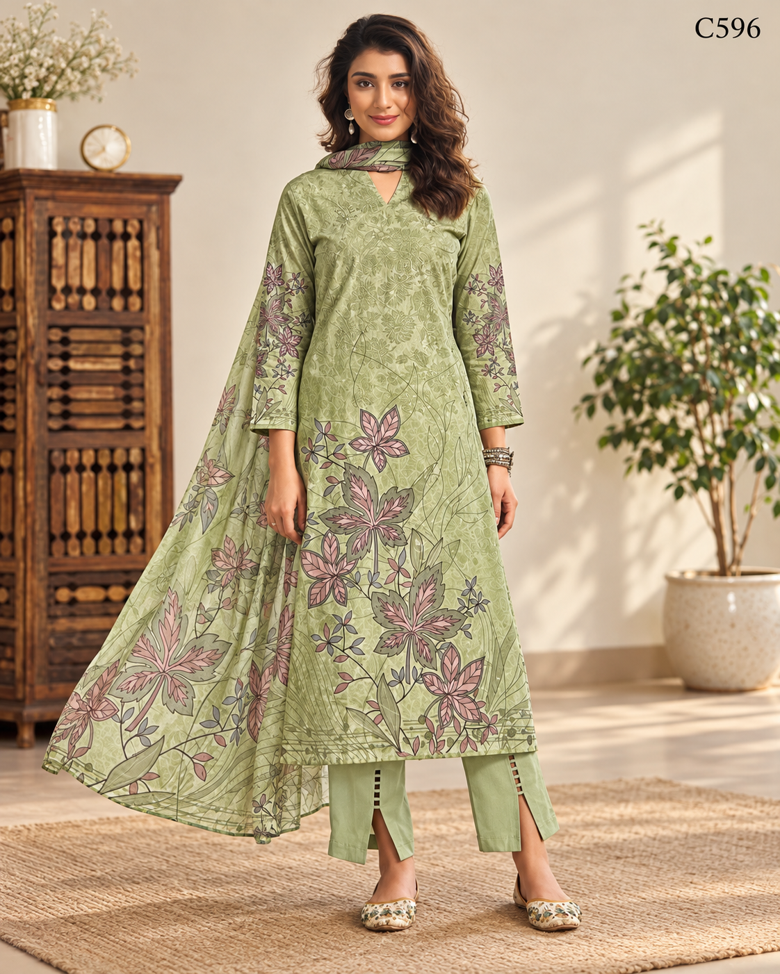 Premium Sage Green Botanical Floral Printed Three Piece Set – C596