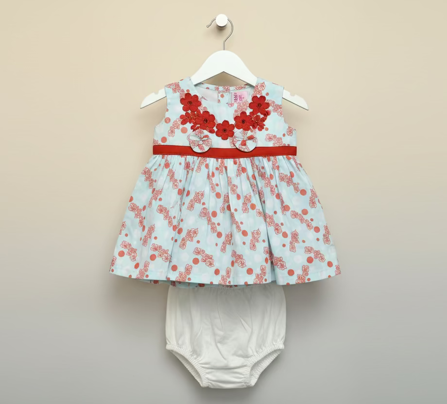 Baby Girl Polka Floral Printed Dress Set with Pant - Mint