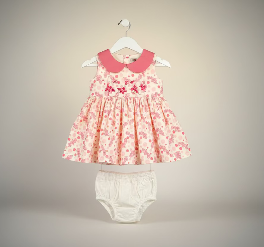 Baby Girl Polka Floral Printed Dress Set with Pant - Pink