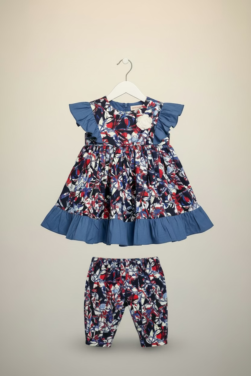 Girls Floral Printed Casual Dress with Waist Tie  590 - Blue Floral