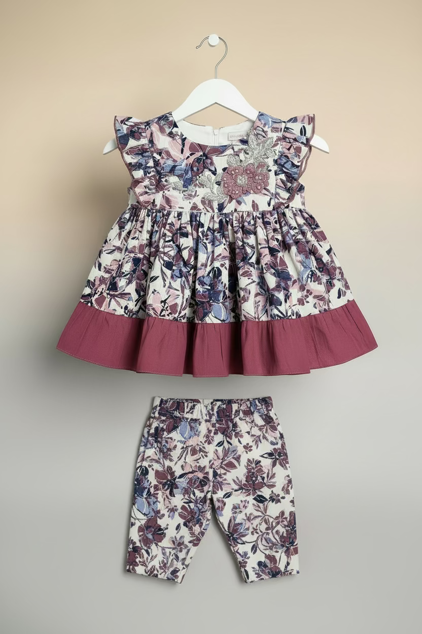 Girls Floral Printed Casual Dress with Waist Tie  590 - Maroon Floral