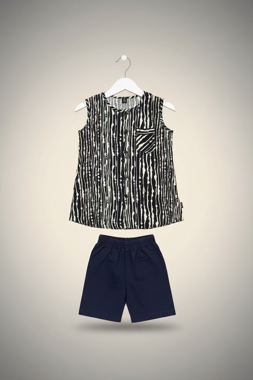 Boy's Girls Abstract Stripe Casual Nima Set & Solid Shorts Set - Black/White