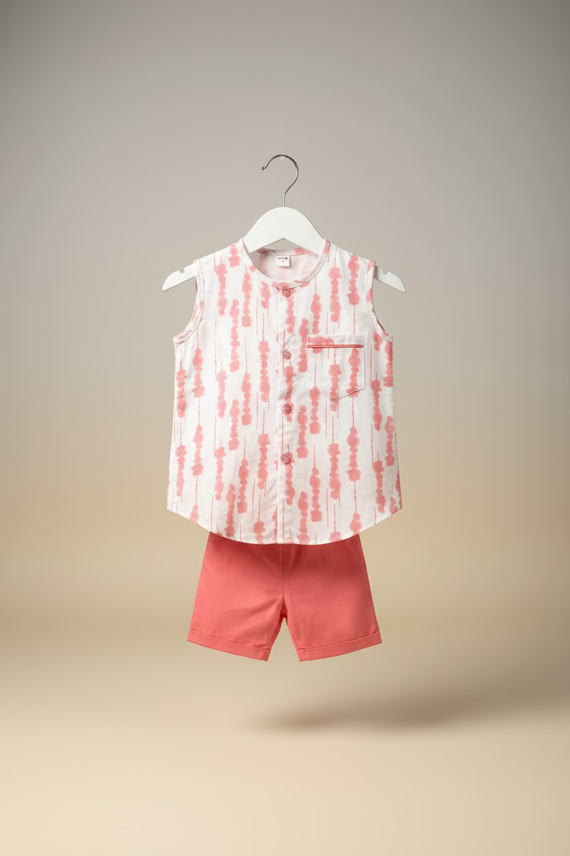 Kids Printed Sleeveless Top & Elastic Shorts Set - White/Rose