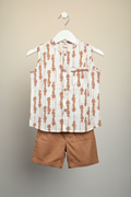 Kids Printed Sleeveless Top & Elastic Shorts Set - White/Camel Brown
