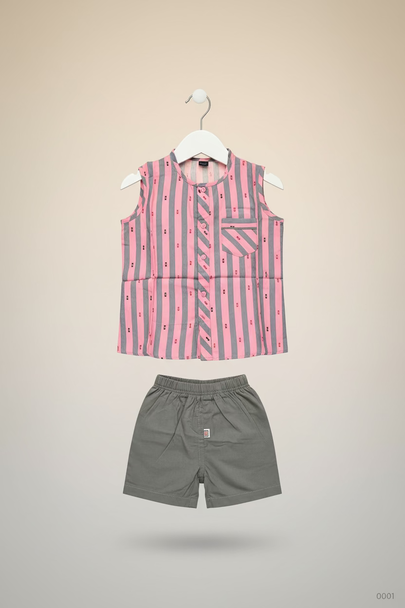 Kids Striped Sleeveless Top & Elastic Shorts Set 0001