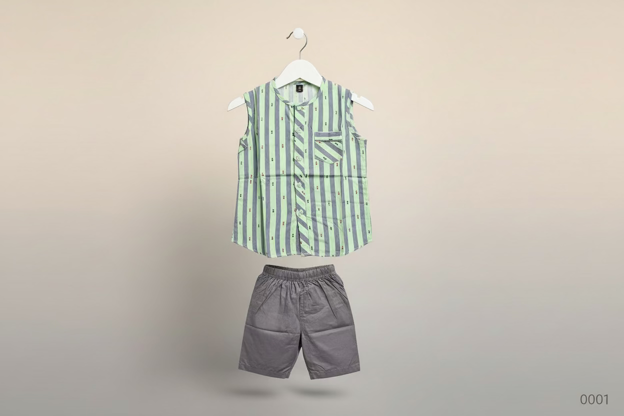 Kids Striped Sleeveless Top & Elastic Shorts Set 0001