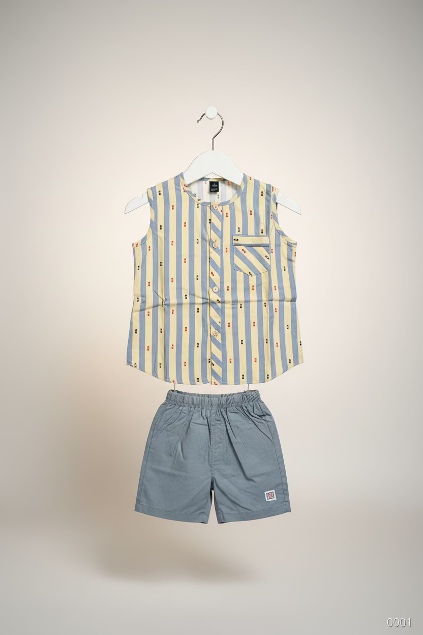 Kids Striped Sleeveless Top & Elastic Shorts Set 0001
