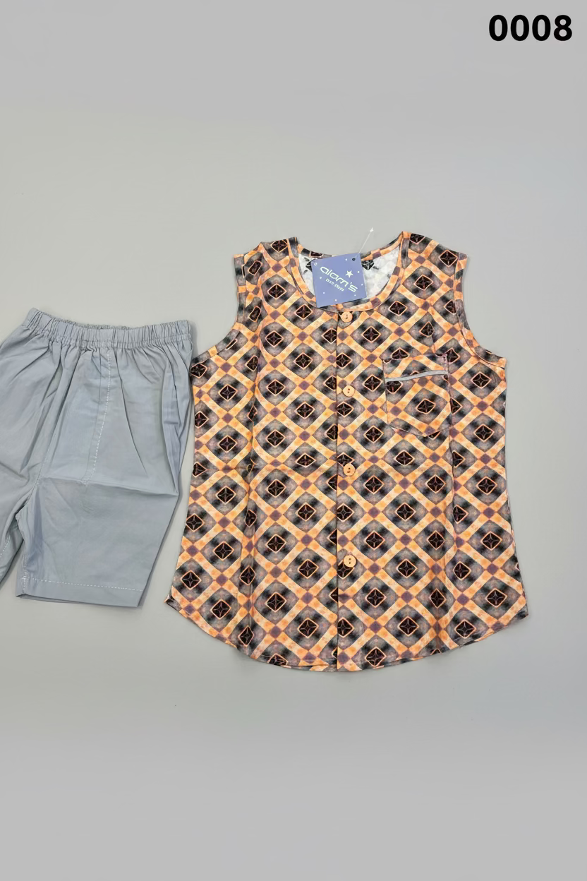 Kids Geometric Print Cotton Top & Shorts Set 0008