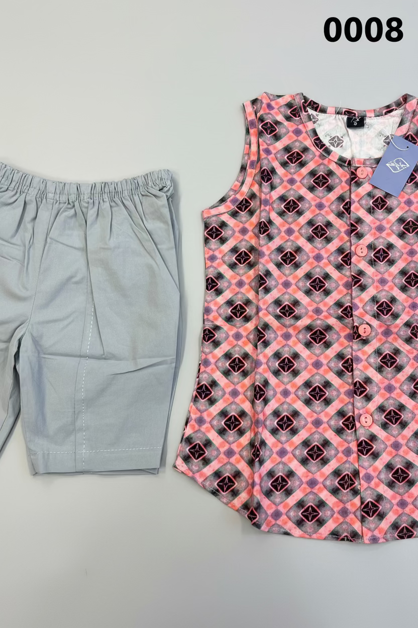 Kids Geometric Print Cotton Top & Shorts Set 0008