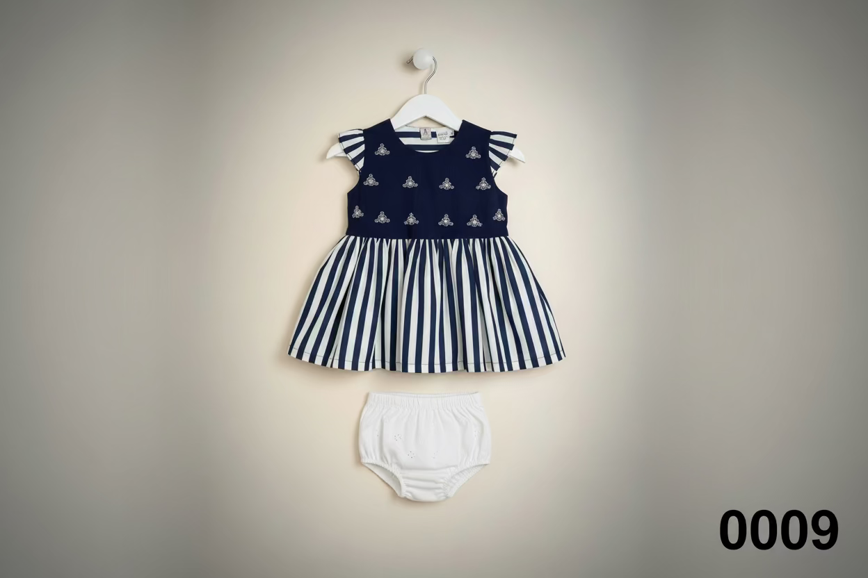 Kids Navy Embroidered Top & Striped Shorts Set 0009