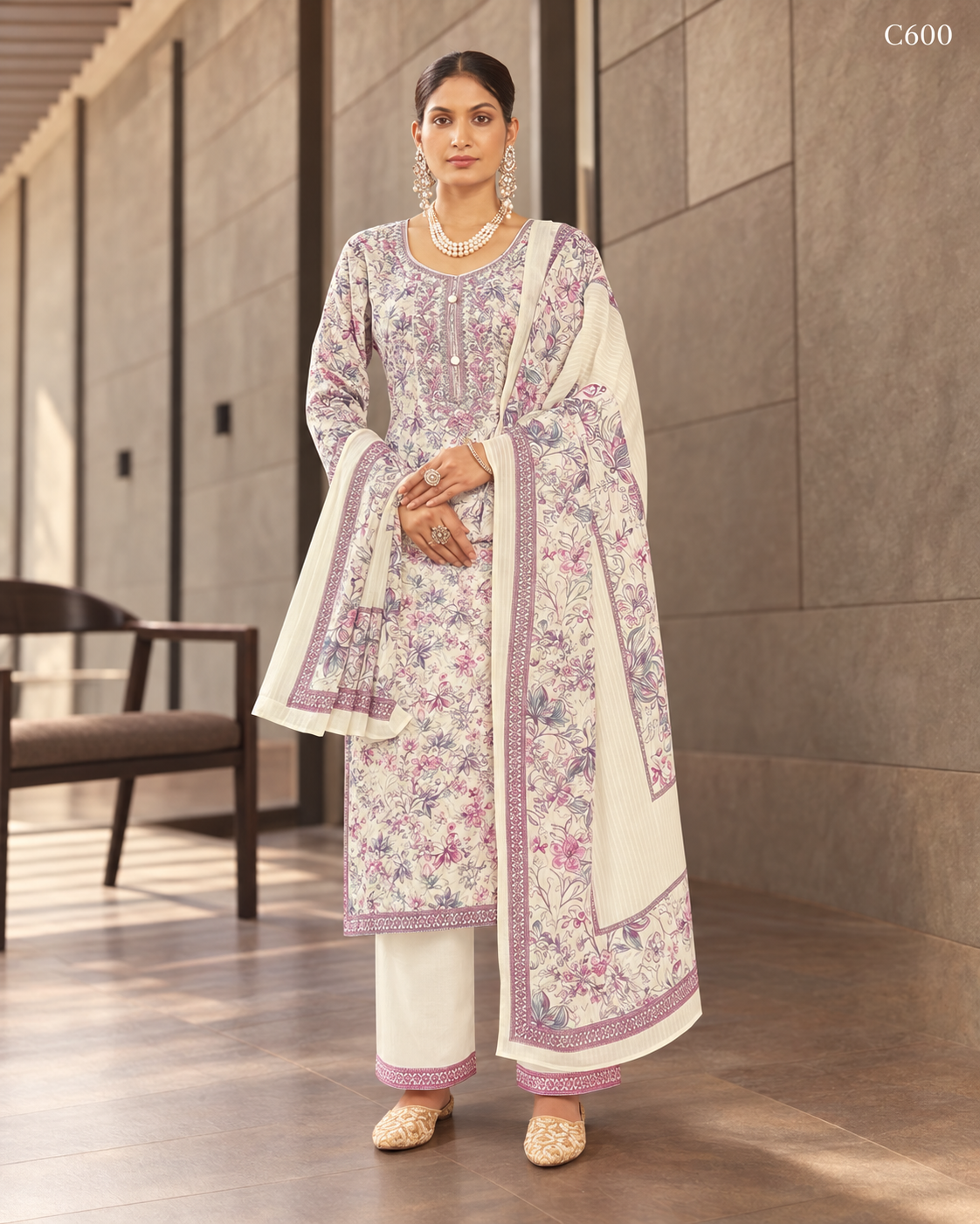 Premium Ivory Cream & Mauve Floral Printed Three Piece Set – C600