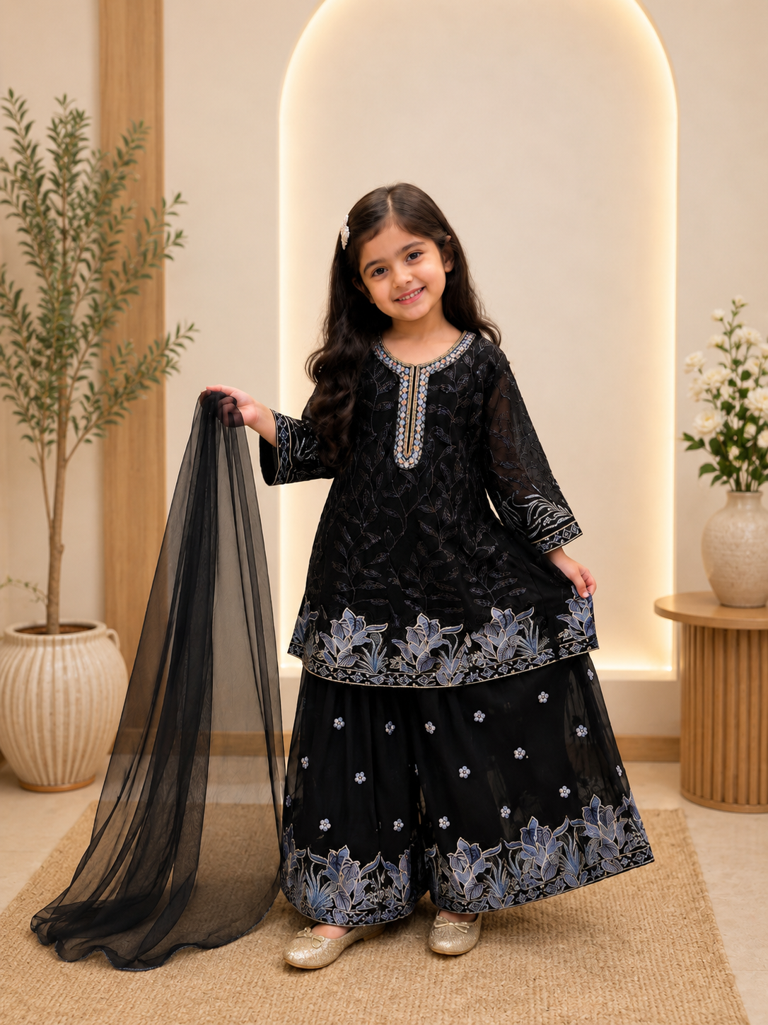 Luxury Black Embroidered Ethnic Kurti with Dupatta Set 045