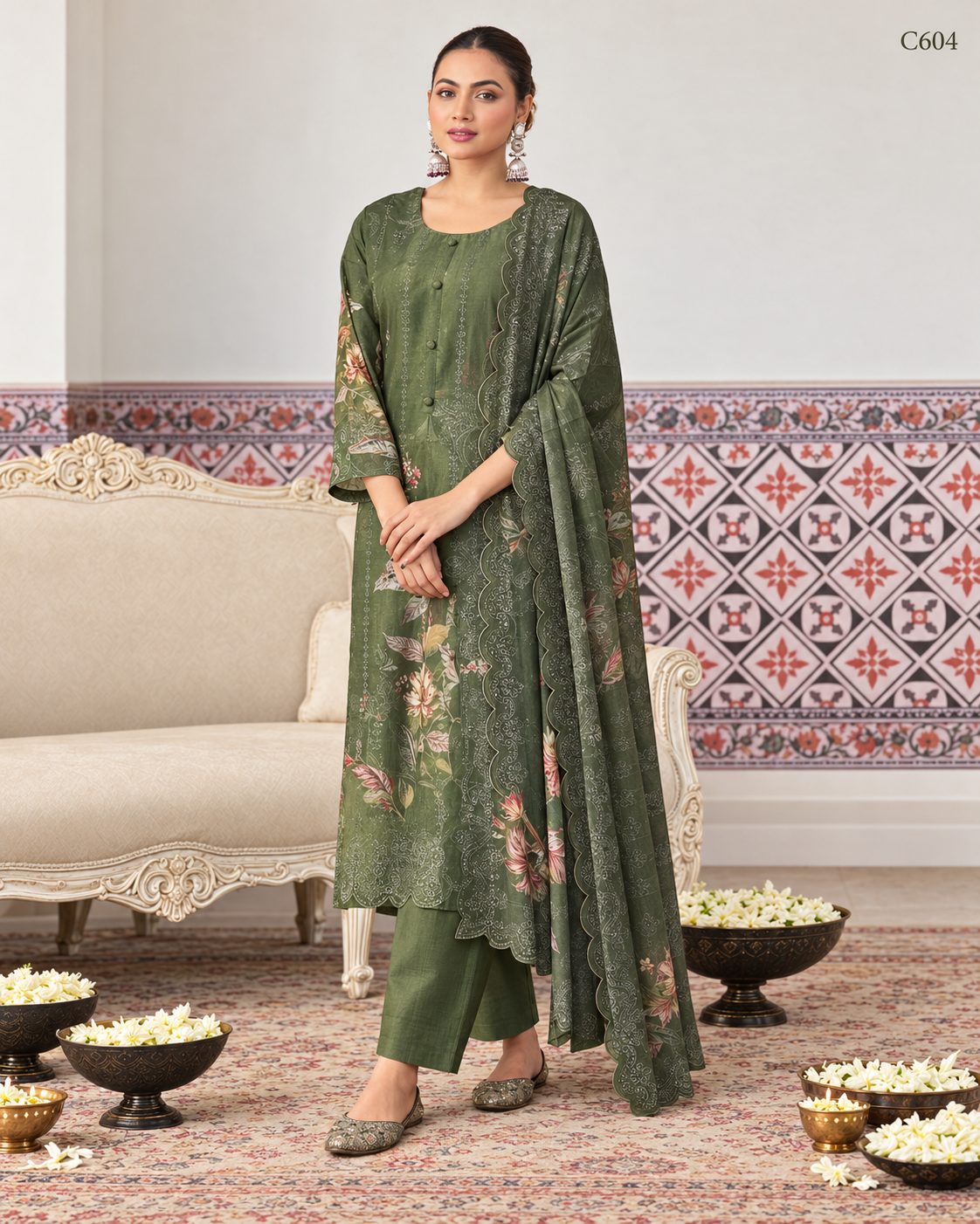 Premium Olive Green Floral Printed Three Piece Set – C604