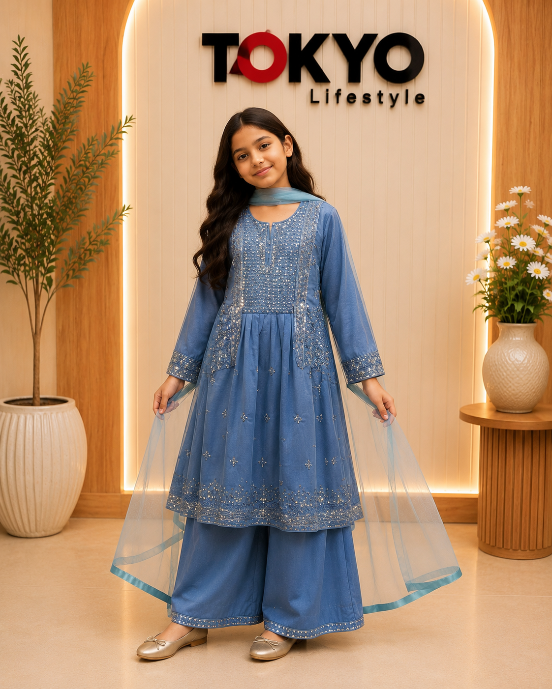 Girls Premium Embroidered Festive Party Wear 3-Piece Set -C108