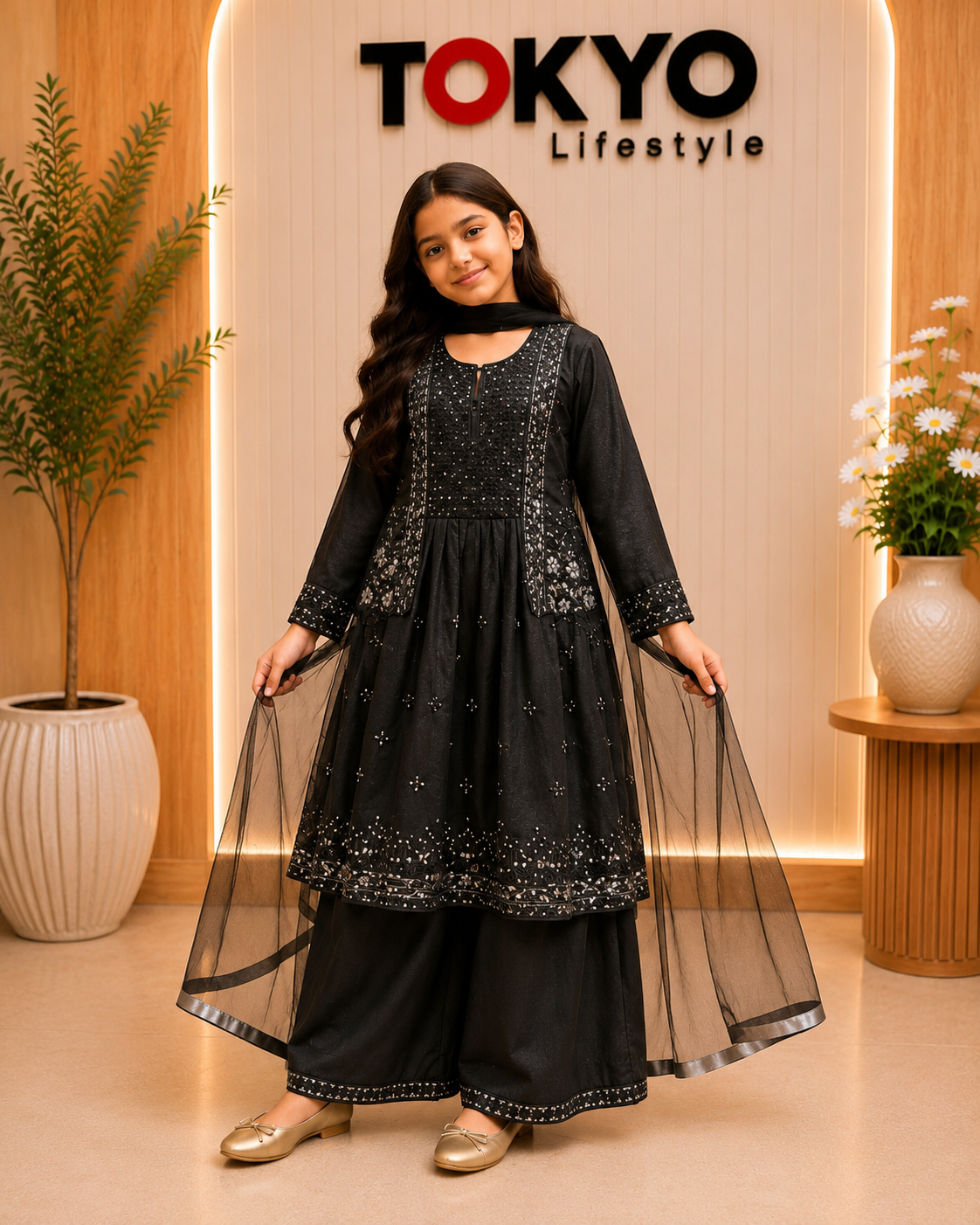 Girls Premium Embroidered Festive Party Wear 3-Piece Set -C107
