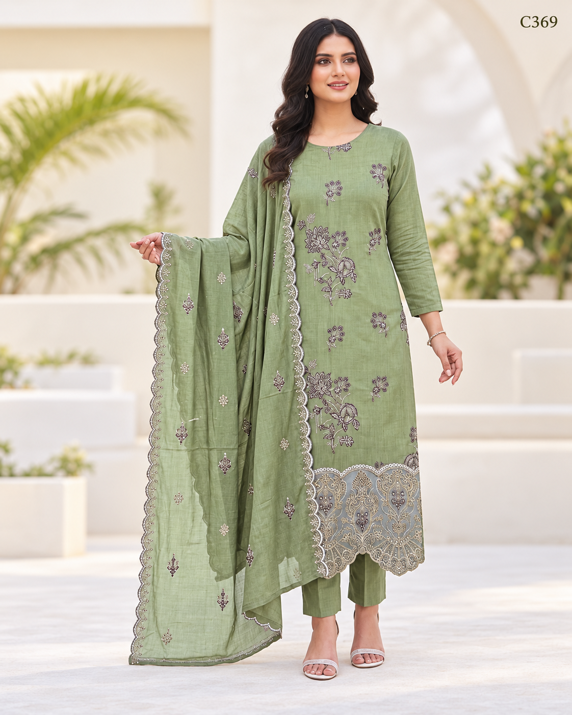 Premium Floral Embroidered Three Piece Set with Scalloped Dupatta – C369