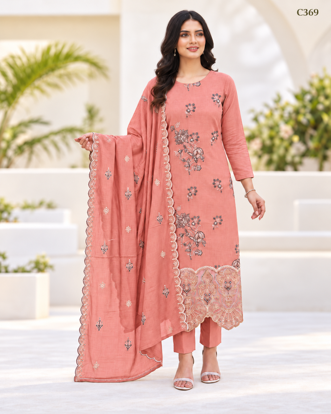 Premium Floral Embroidered Three Piece Set with Scalloped Dupatta – C369