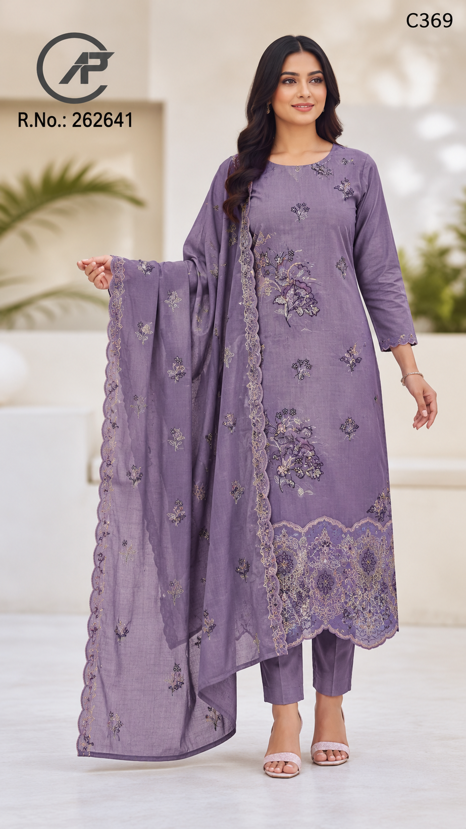Premium Floral Embroidered Three Piece Set with Scalloped Dupatta – C369