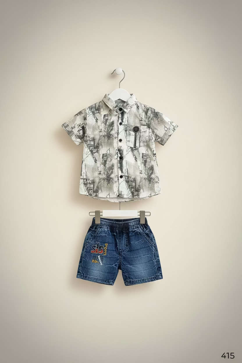 Kids Premium Printed Shirt & Denim Jogger Set-415