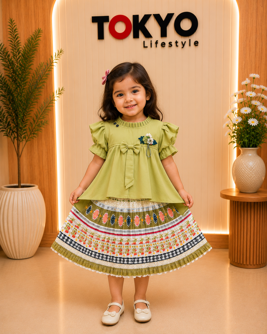 Girls Floral Pleated Skirt Set with Bow Detail Top.148..