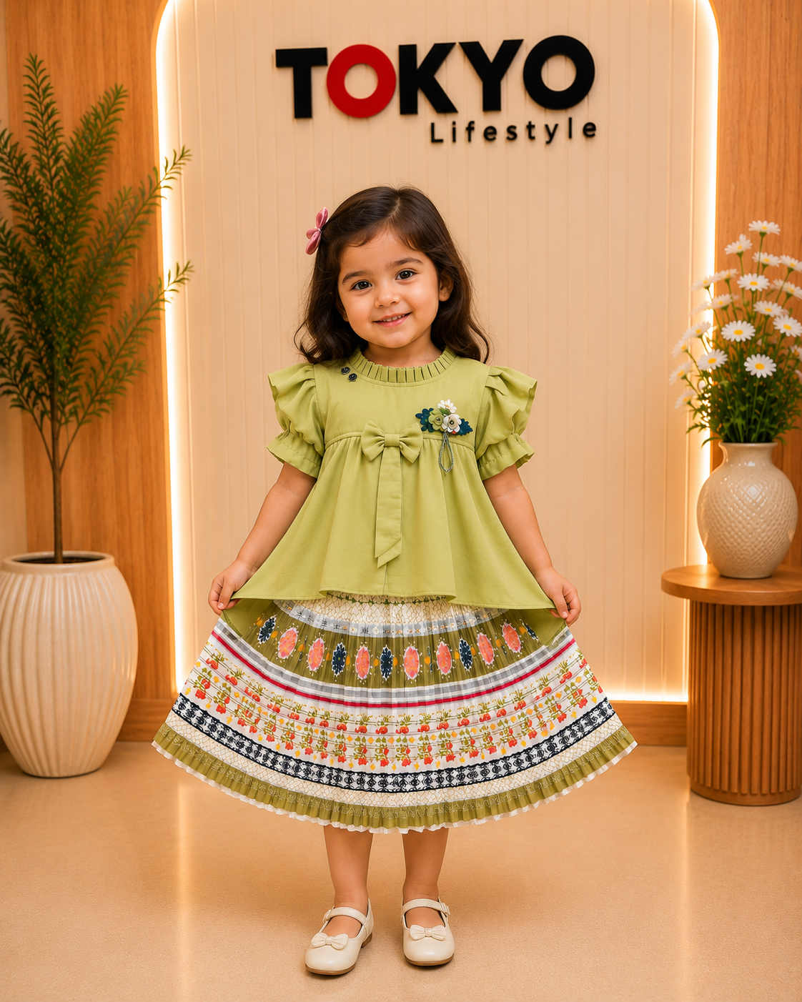 Girls Floral Pleated Skirt Set with Bow Detail Top.148..