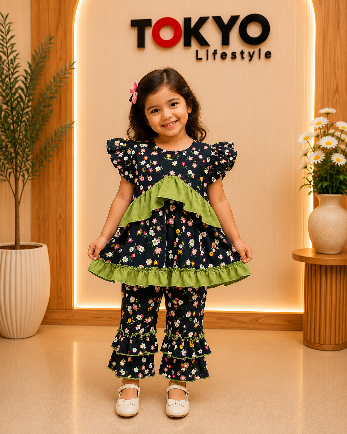 Girls Floral Printed Top & Pants Set with Ruffle Detail 70