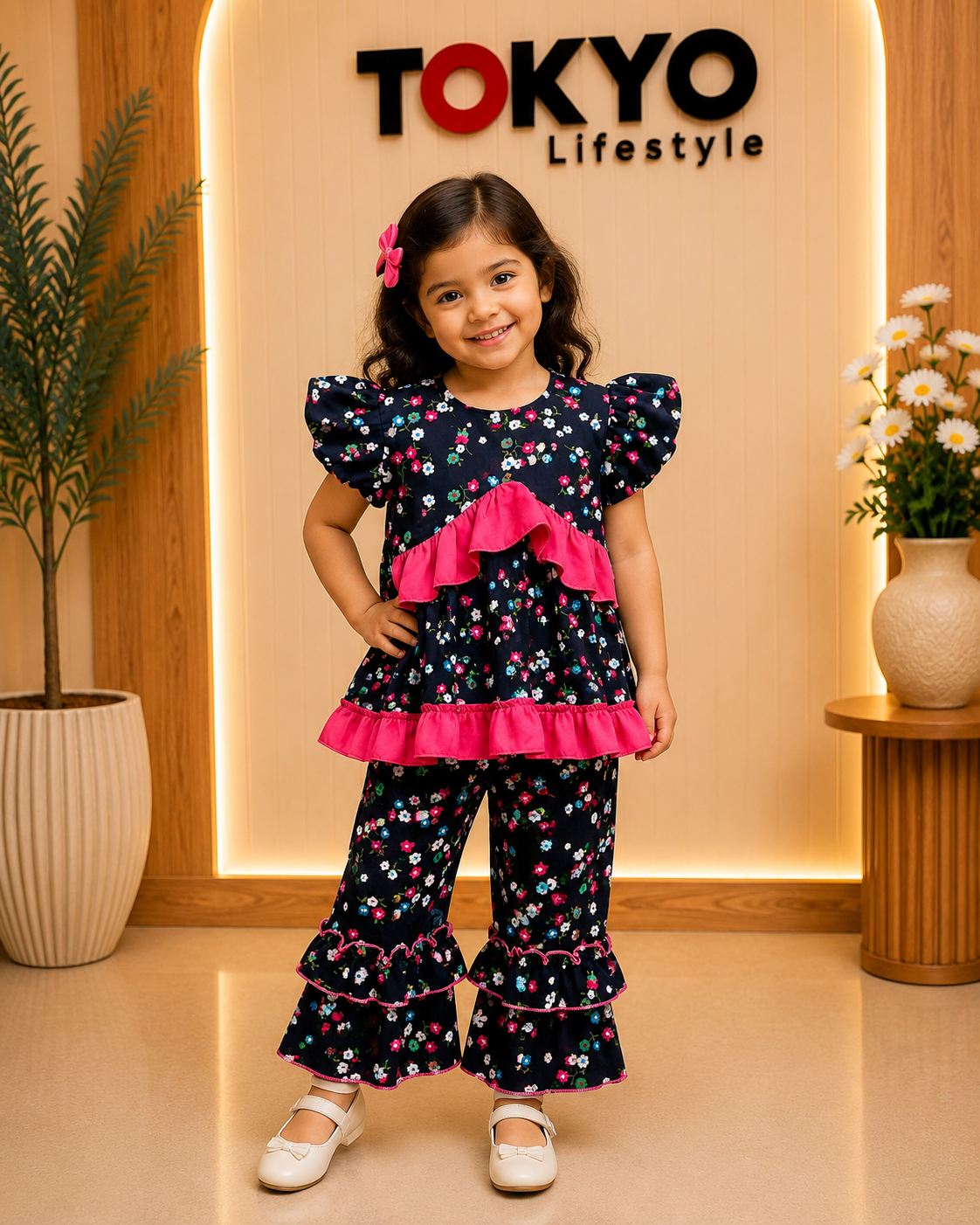 Girls Floral Printed Top & Pants Set with Ruffle Detail 70