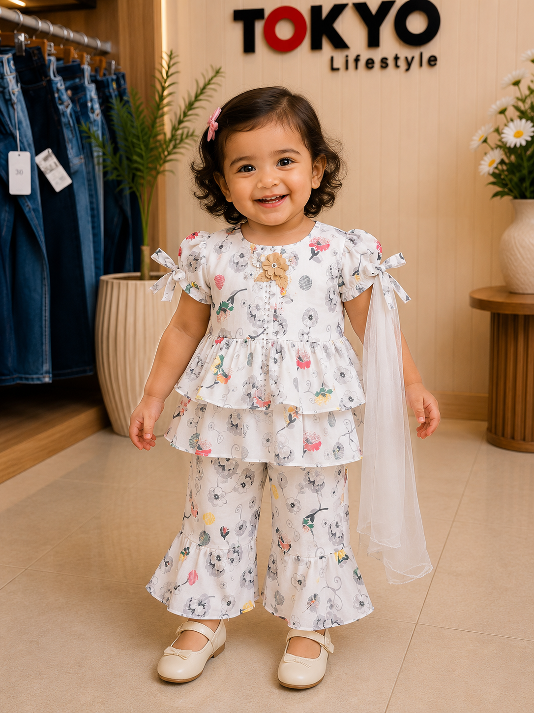 Baby Girls Floral Printed Top & Pant Set with Dupatta 118