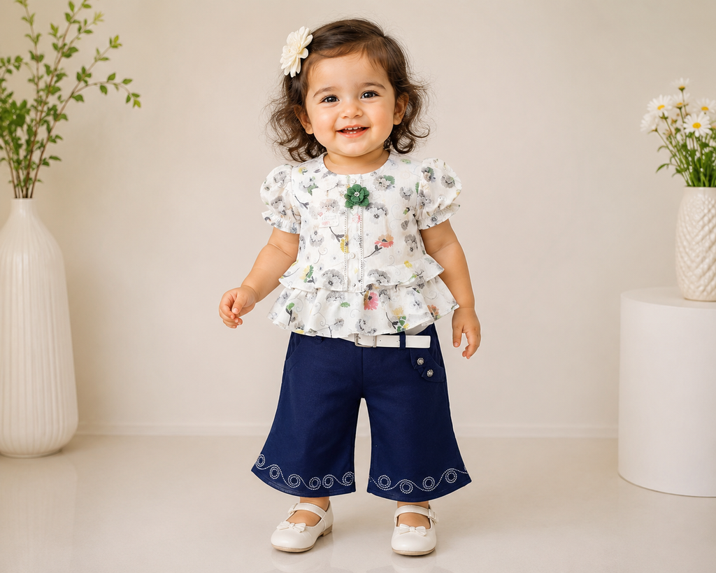 Baby Girls Floral Top & Navy Skirt Set with Belt 256