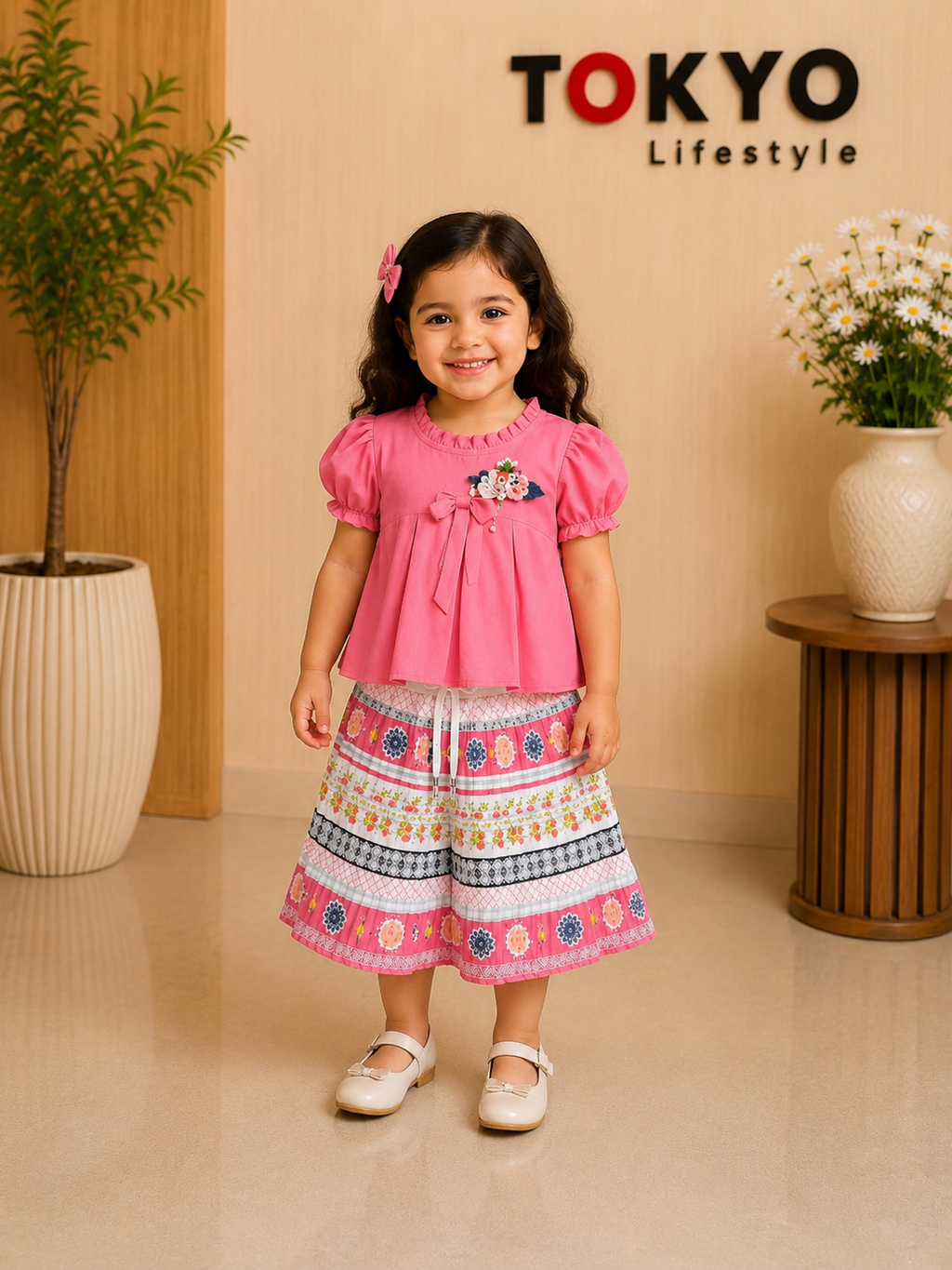 Girls Floral Pleated Skirt Set with Bow Detail Top.148..