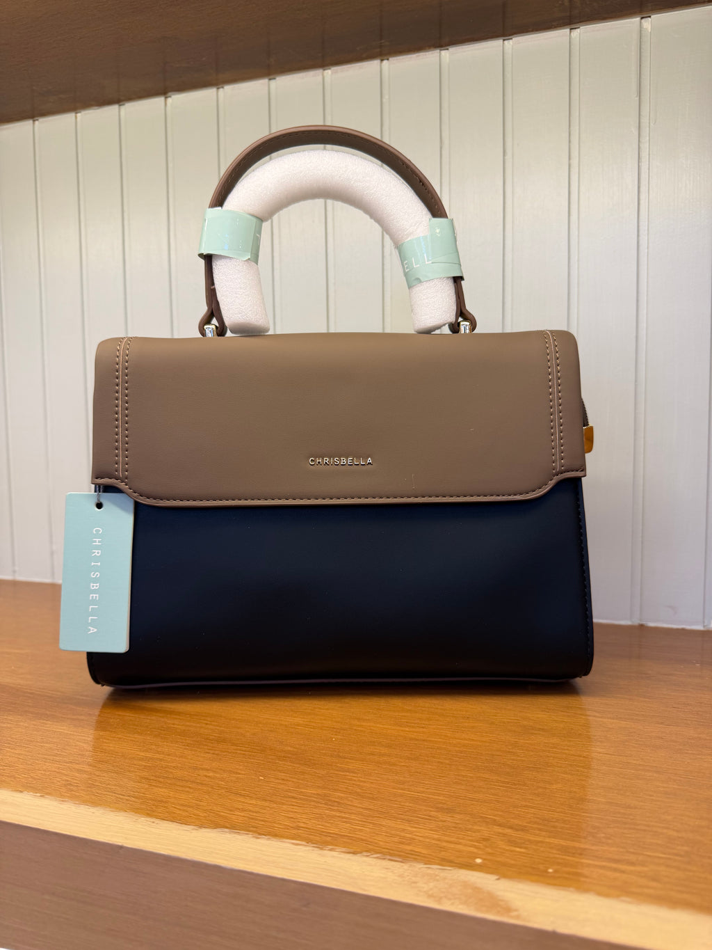 Women’s Two-Tone Structured Handbag with Long Strap & Mini Pouch