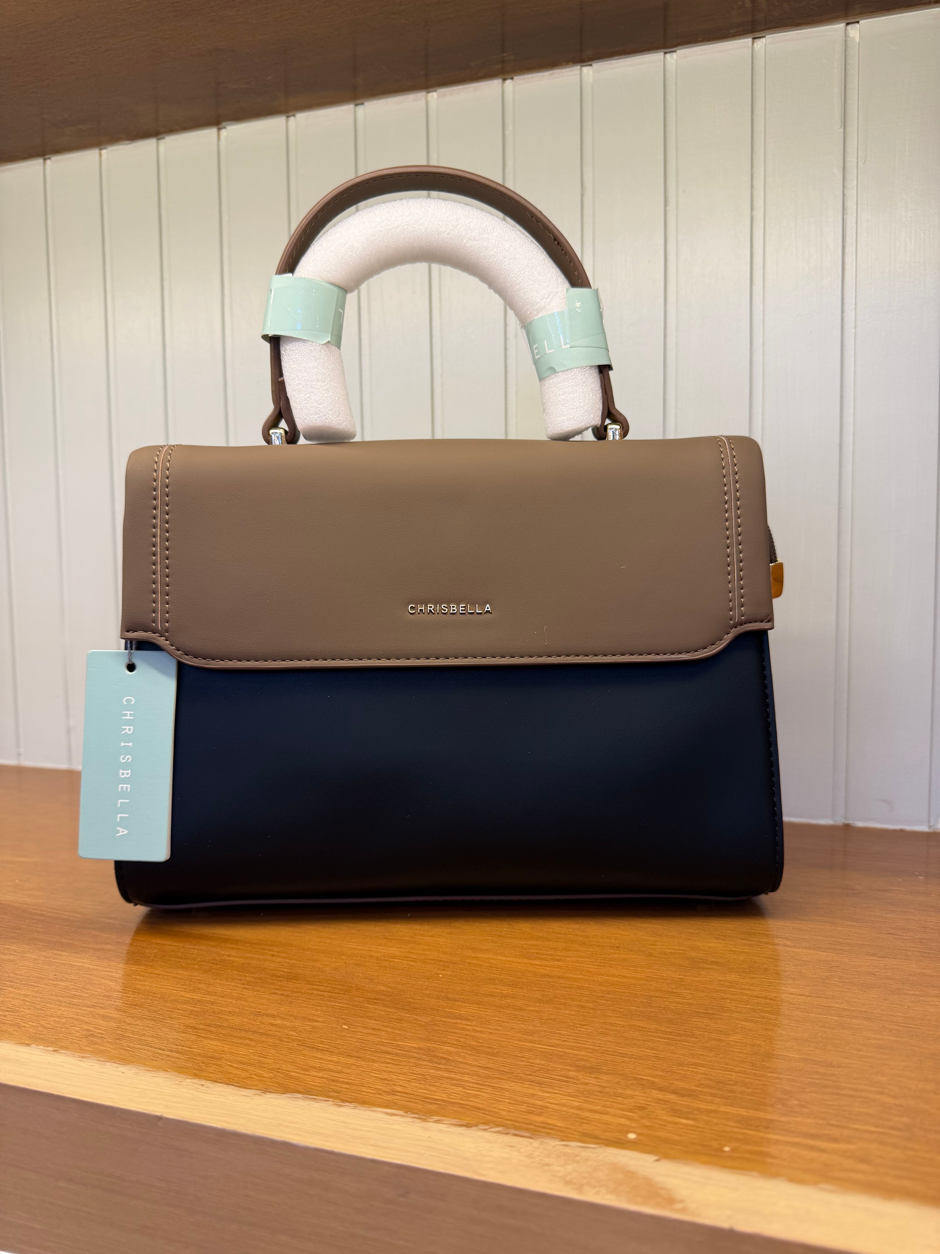 Women’s Two-Tone Structured Handbag with Long Strap & Mini Pouch