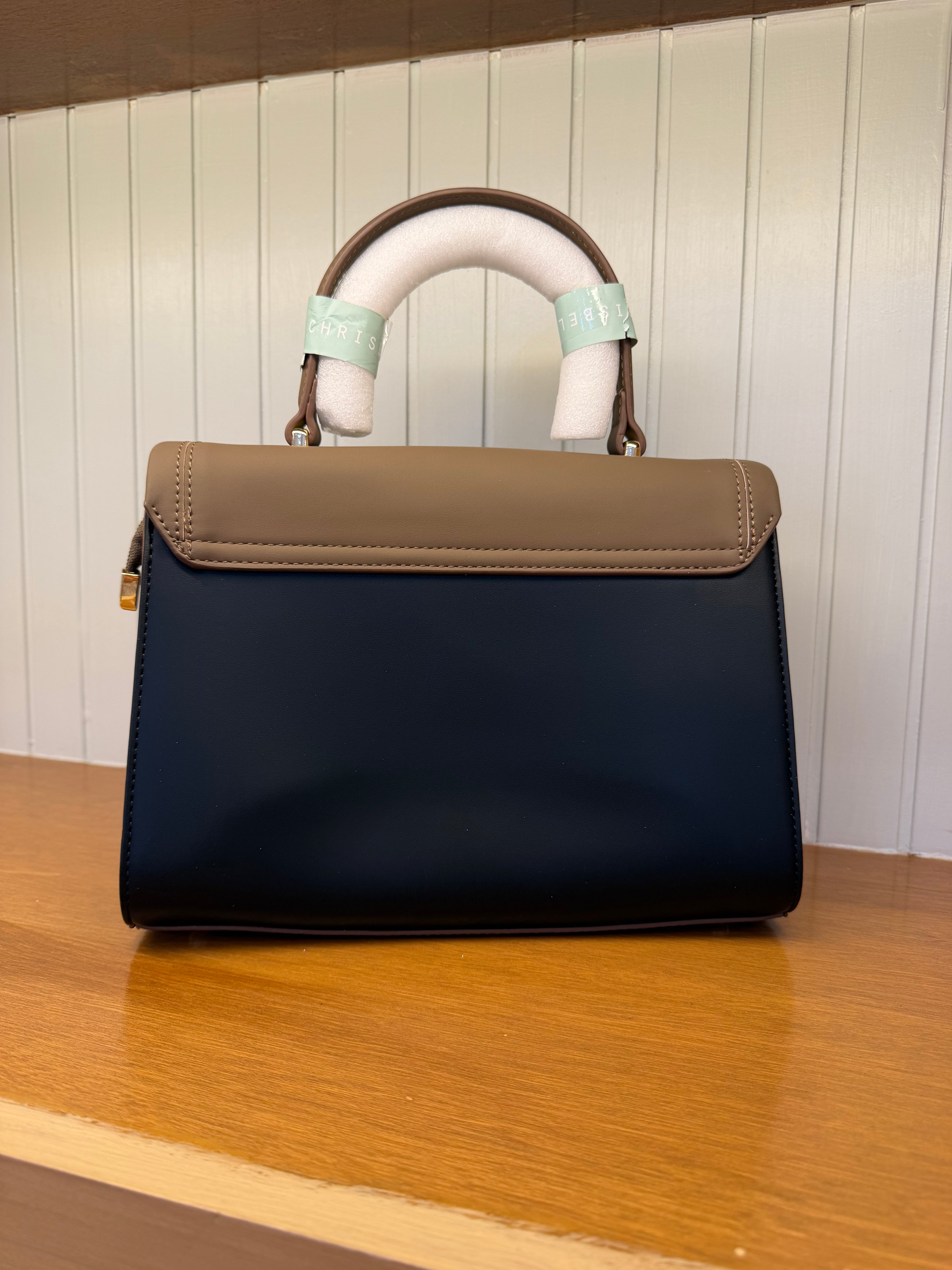 Women’s Two-Tone Structured Handbag with Long Strap & Mini Pouch