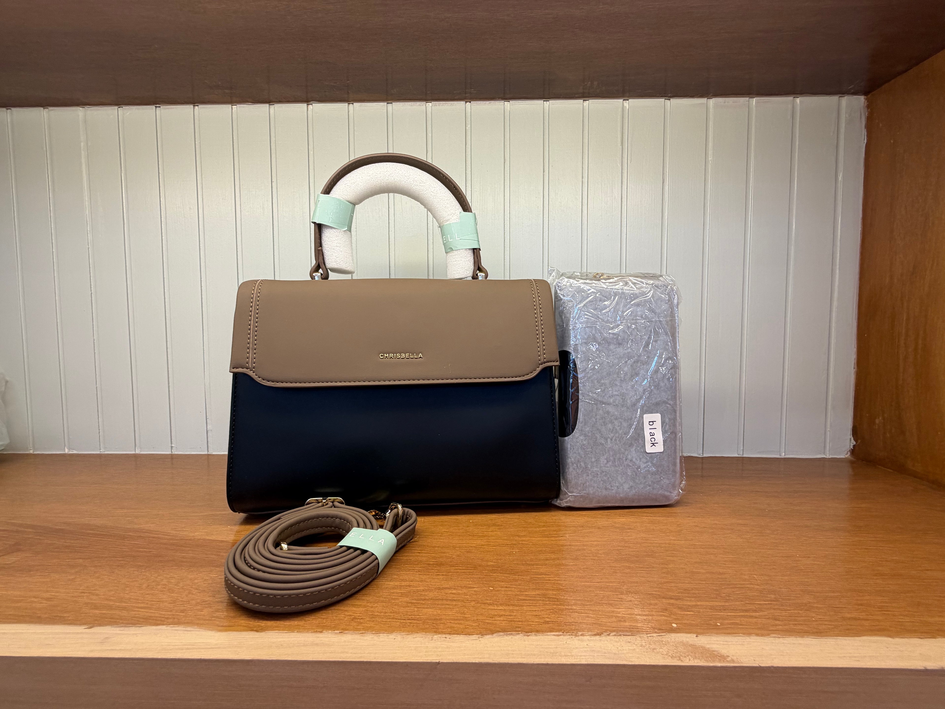 Women’s Two-Tone Structured Handbag with Long Strap & Mini Pouch