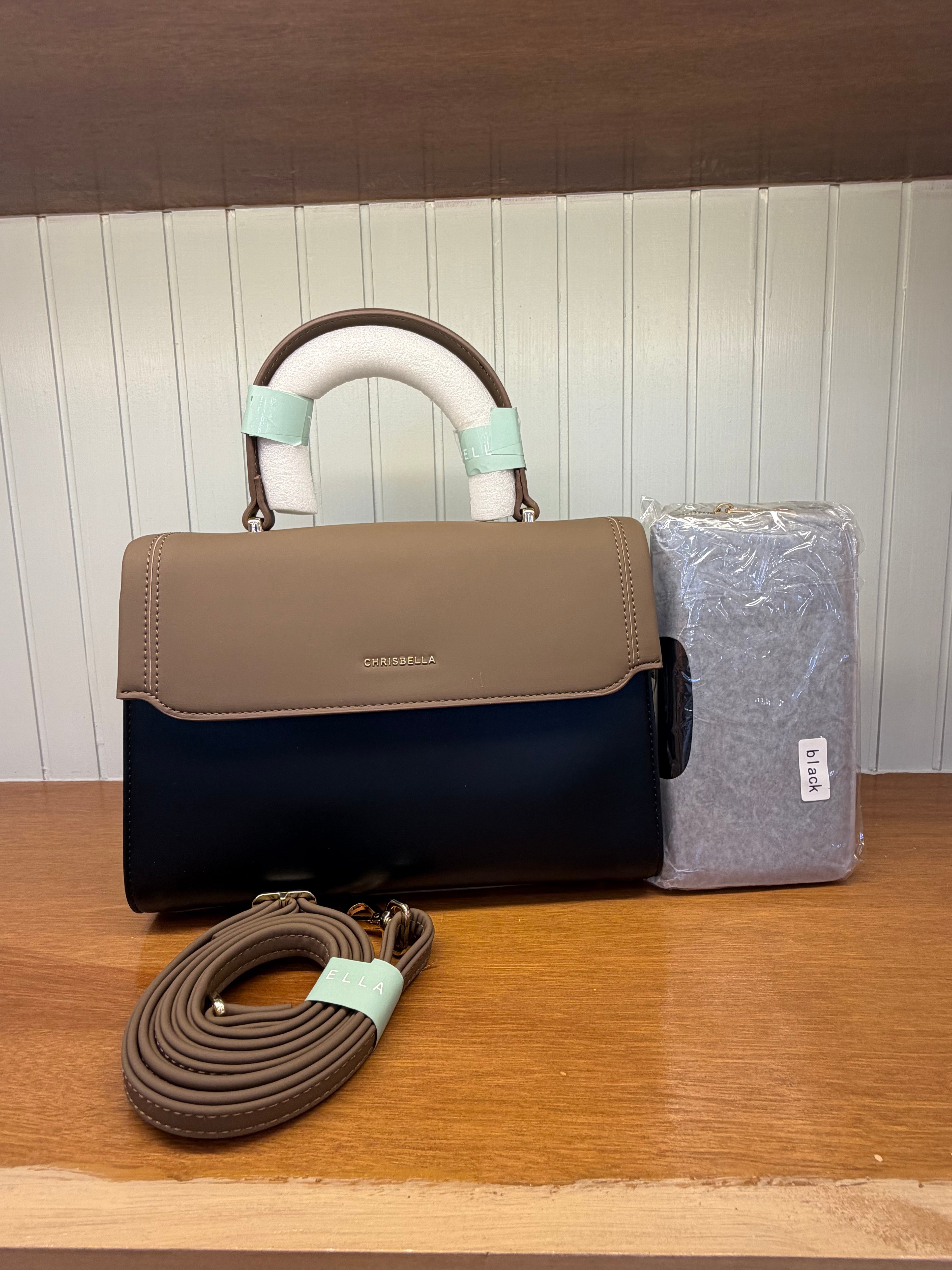 Women’s Two-Tone Structured Handbag with Long Strap & Mini Pouch