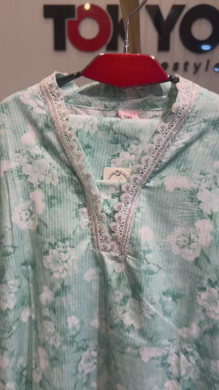 Girls' Floral Print Cotton Kurti & Pant Set 12