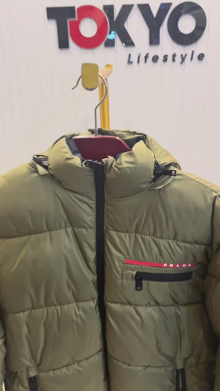 Mens Hooded Puffer Jacket with Zip Pockets Olive Green A102