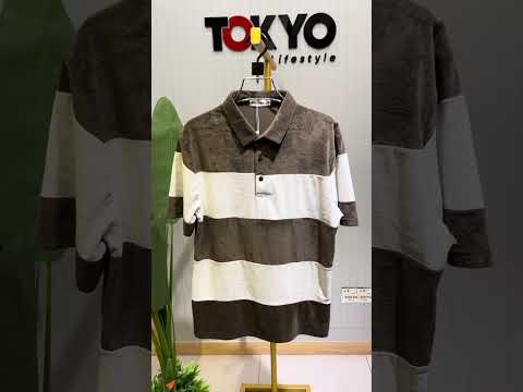 Men's Premium White Coffee Textured Stripe Polo T-Shirt 088