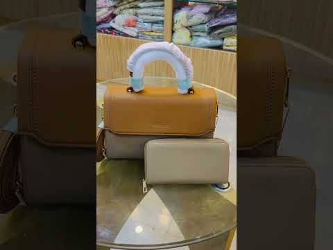 Women’s Two-Tone Structured Handbag with Long Strap & Mini Pouch
