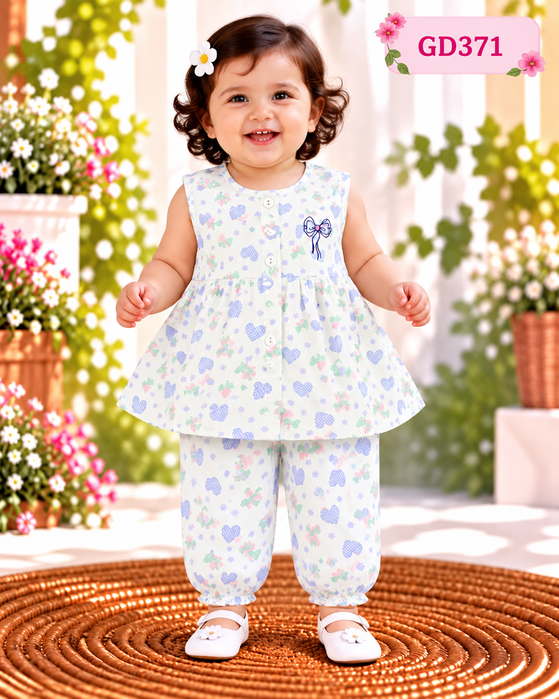 Baby Girls Heart & Bow Print Frock Pant Set-GD371