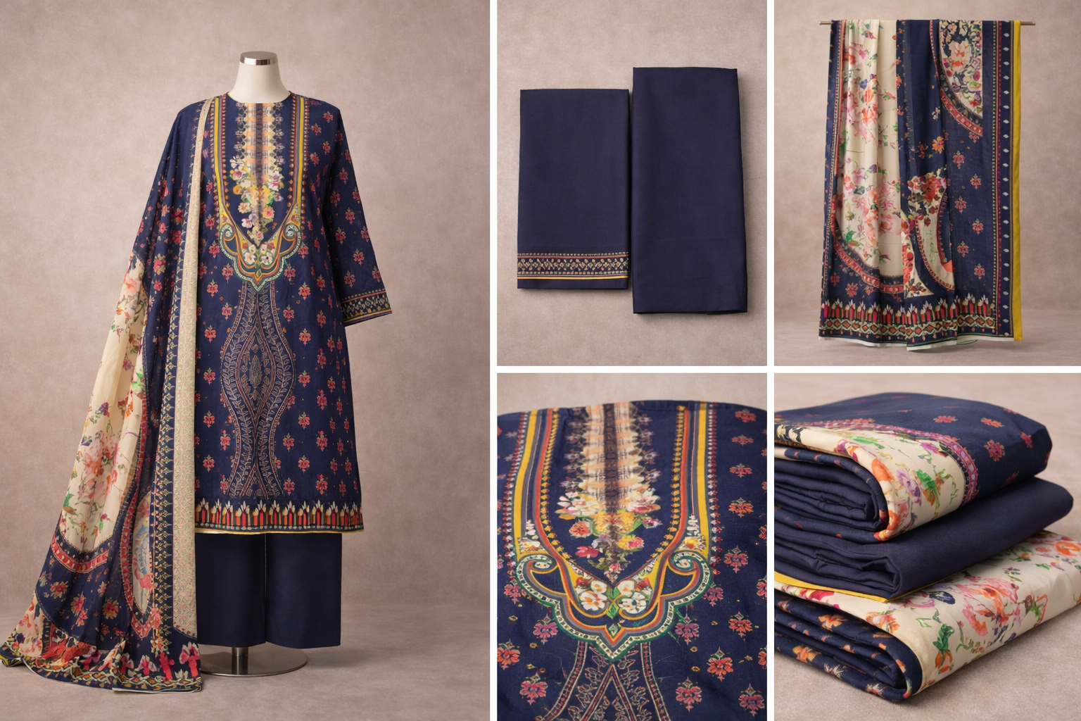 Premium Floral Printed Lawn Three Piece Suit Set 1125