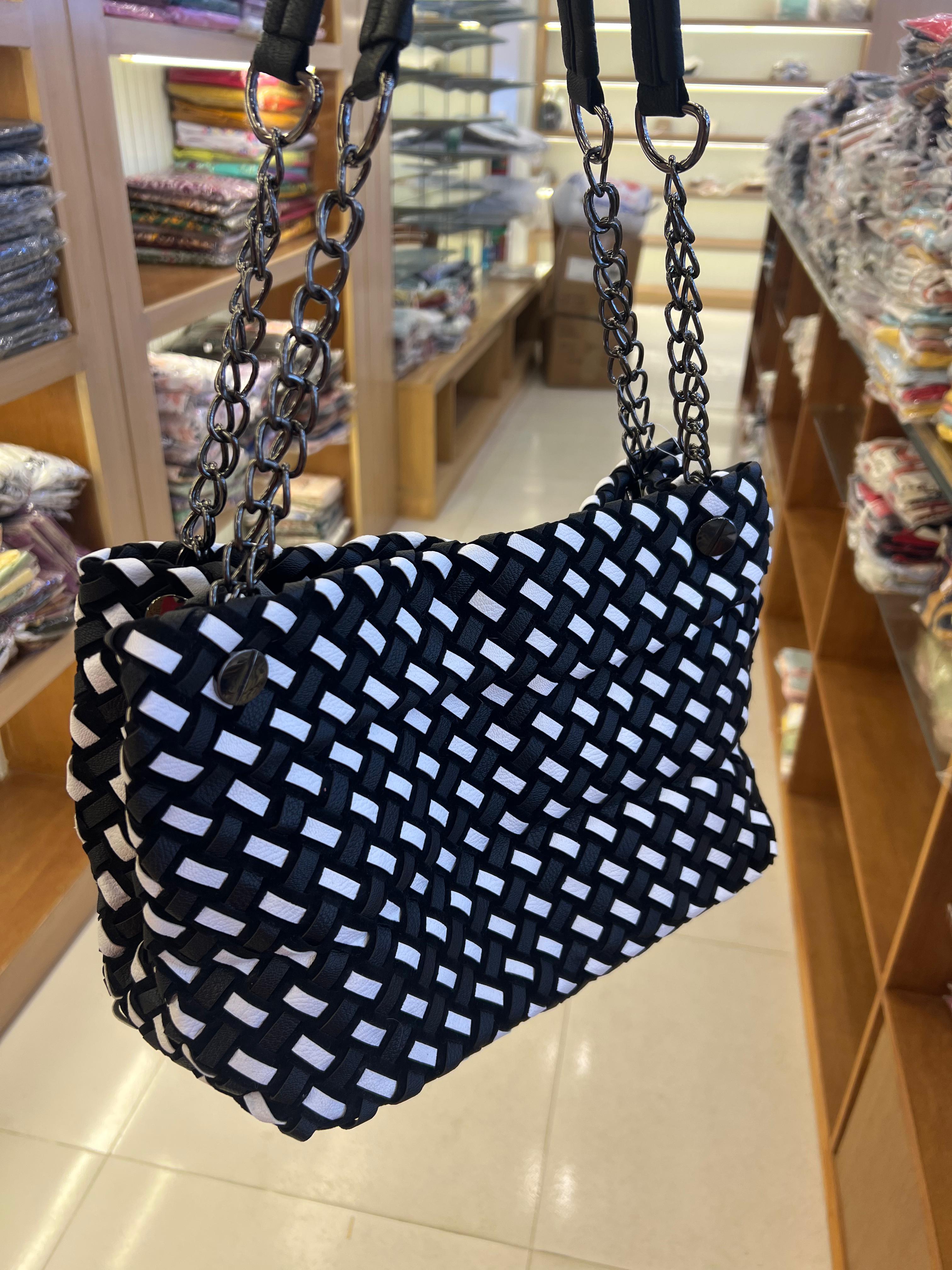 Women’s Woven Chain Shoulder Bag with Long Strap & Mini Pouch