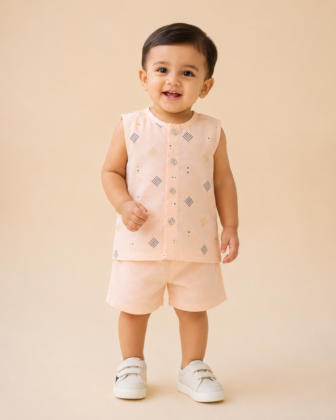 Baby Boy Printed Shirt & Solid Shorts Set 196-Light Peach